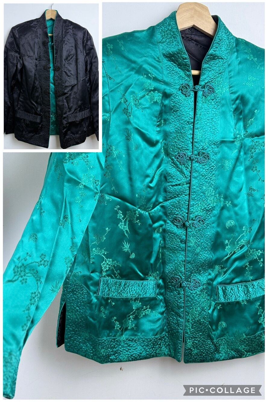 Vtg Solz Squirrel Womens L Turquoise Black Reversible Mandarin Satin Jacket